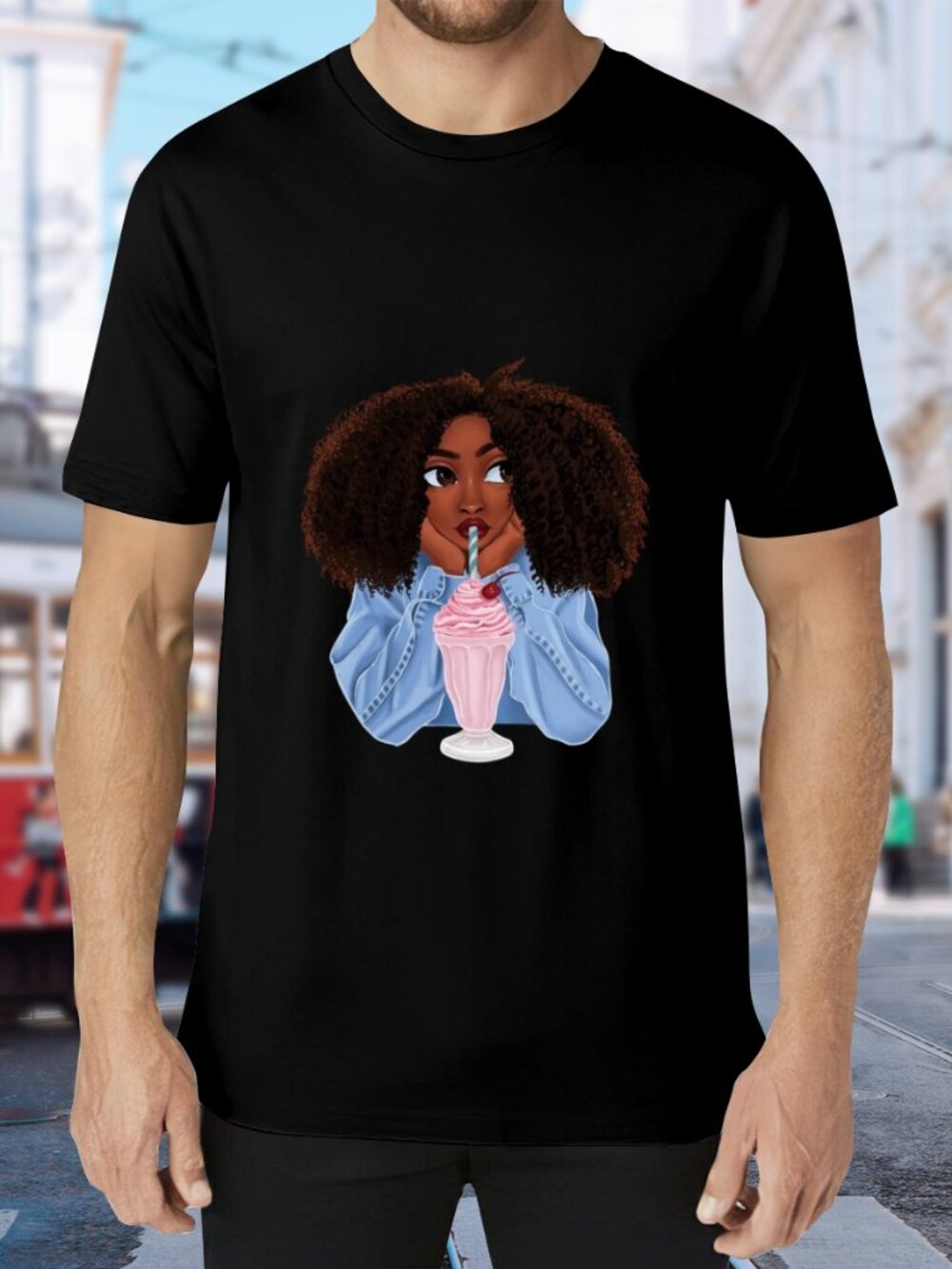 Black Graphic Tee with Brown-Haired Girl Drinking Pink Milkshake